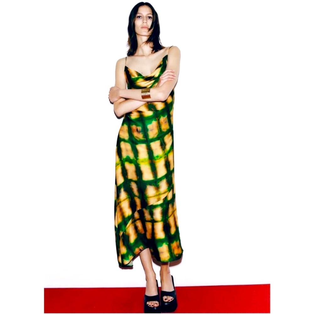 Zara Satin Effect Print Green Gold Asymmetrical MIDI Sleeveless Dress Small